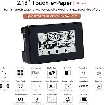 waveshare 2.15 Touch Electronic Paper Display with ABS Case, 250x122 Pixels E-Ink Display for Raspberry Pi Zero 2 W/Raspberry Pi Zero W/Pi Zero WH Partial Updates
