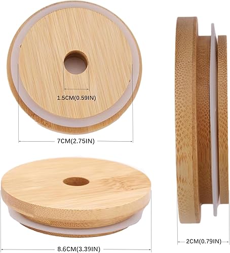 Miniatura 2 de Paquete de 4 tapas de bambú reutilizables para frascos BallKerr Mason de boca ancha con agujero para pajilla, tapas para vasos para beber (tarros y