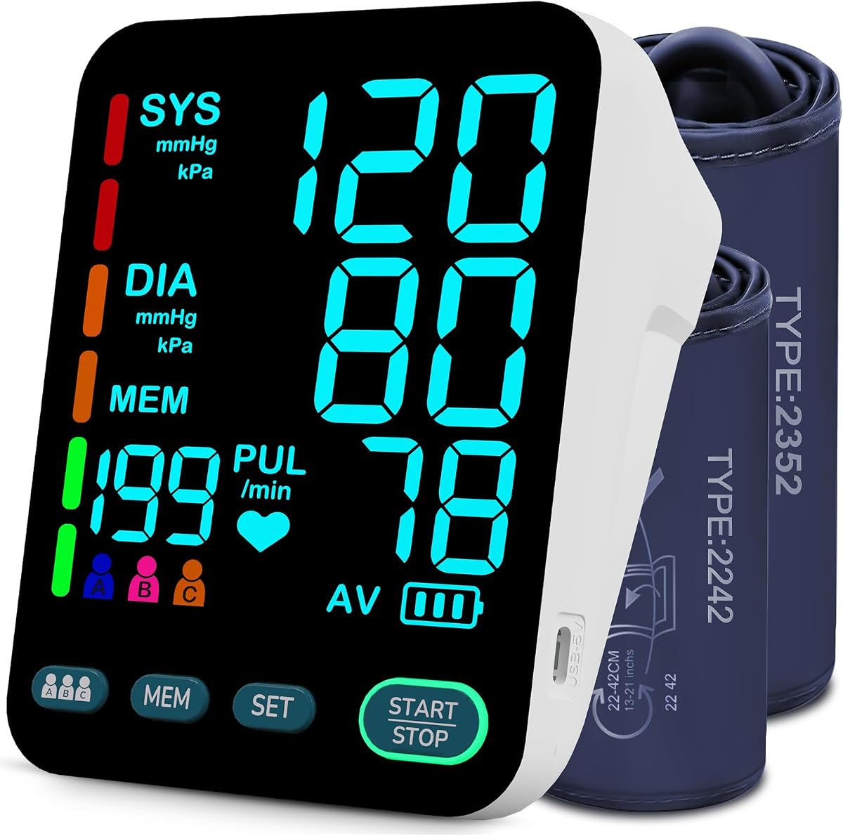 Upper Arm Blood Pressure Monitor, 2 Cuffs, Large Color LED Display | Home use, 35s auto readings, dual cuffs 8.7-16.5 & 12.6-20.5 in, color-coded LED, 3 users x199, one-touch, USB-C or 4 AAA