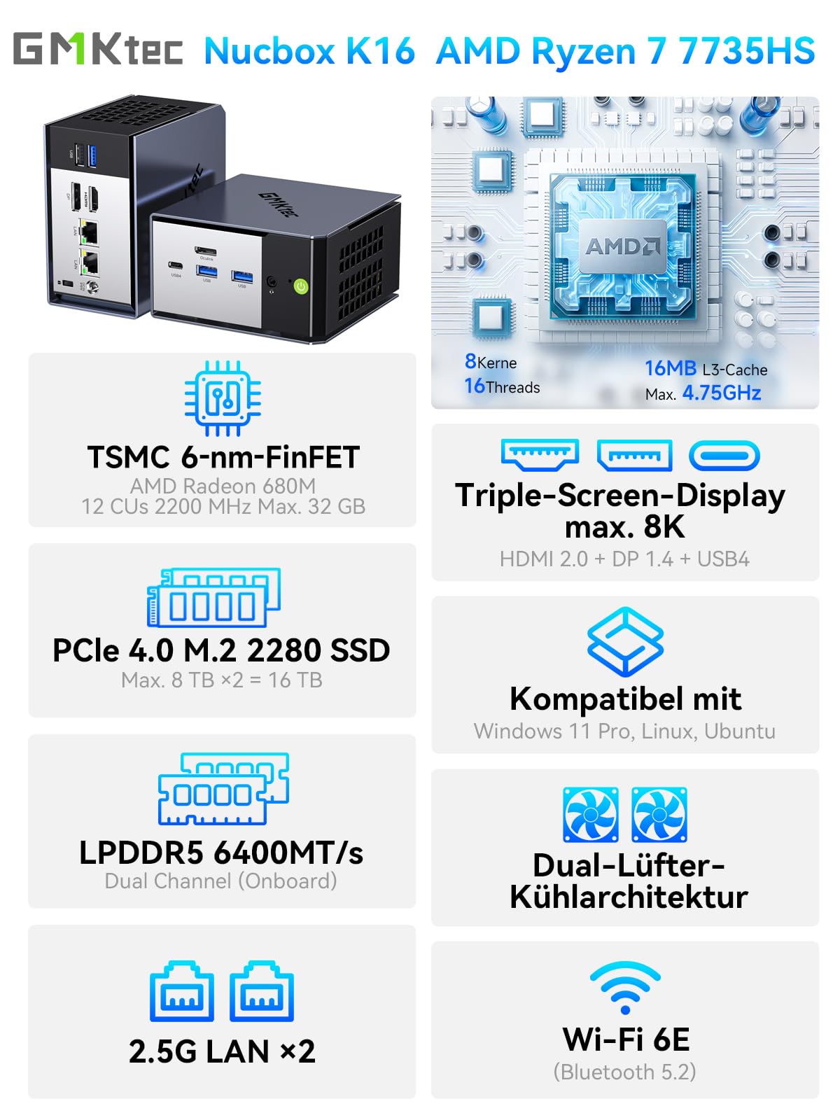 GMKtec Mini PC AMD Ryzen 7 7735HS(8K/16T Bis zu 4.75GHz), K16 Micro PC mit 32GB DDR5 6400, 1TB PCIe 3.0 SSD mit Dual 2.5G LAN, OcuLink, 4K Triple Display(HDMI 2.0+DP 1.4+Type C), AMD Radeon 680M