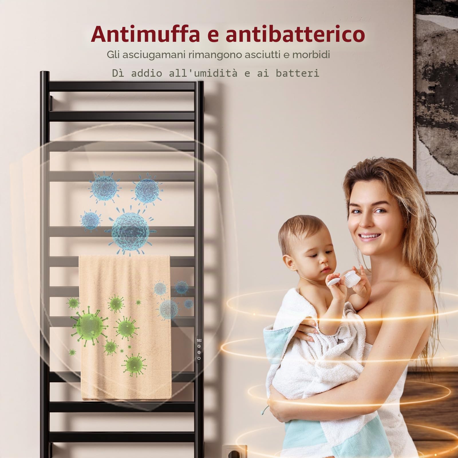 Scaldasalviette Elettrico Bagno, 52 x 130cm Termoarredo Elettrico Bagno, 360W Scaldasalviette Elettrico da Parete con LED Touch Screen, 0-9h Timer e 30-70℃ Temperatura, IPX4, Nero