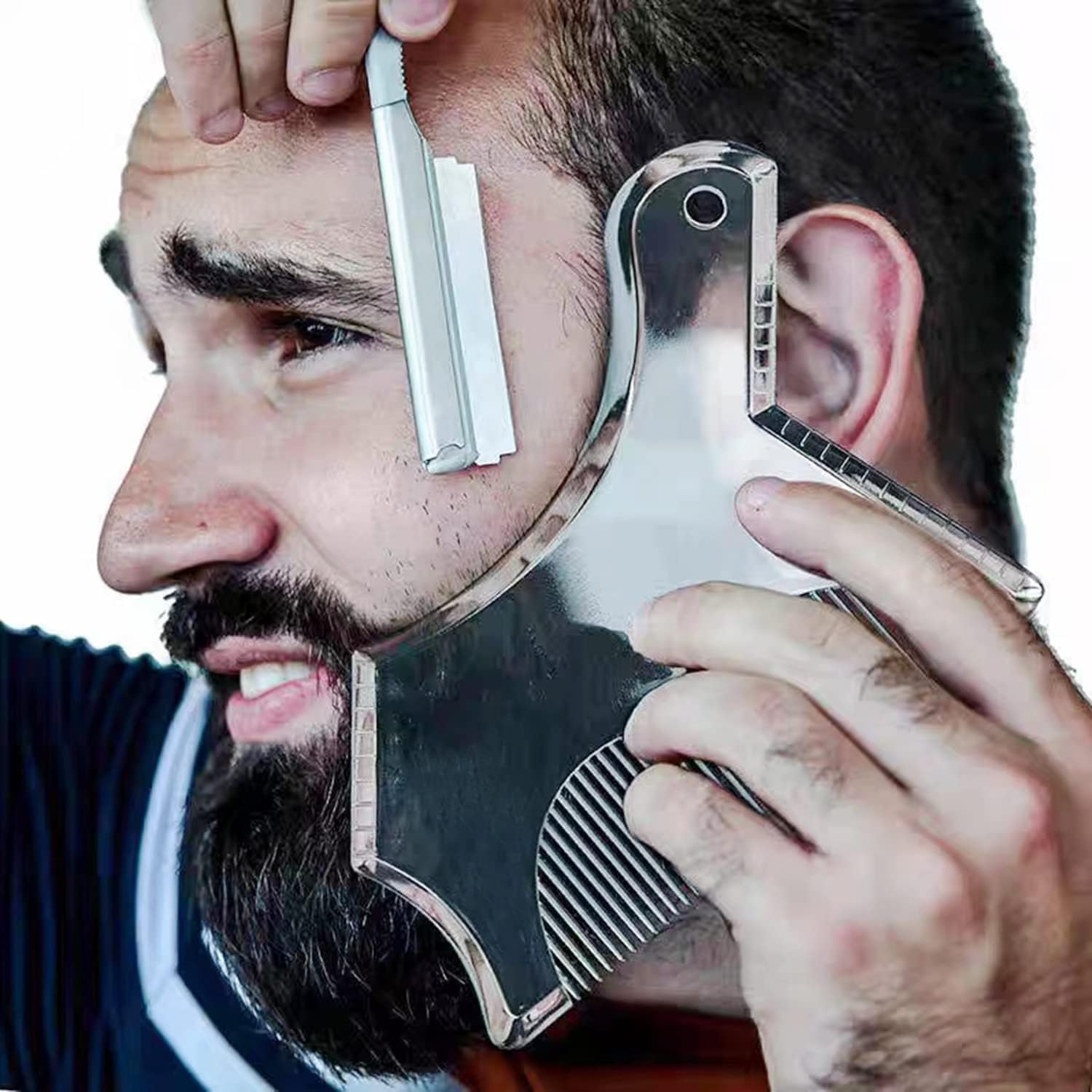 Markkeer Beard Shaping & Styling Tool with Inbuilt Comb for Perfect Line up & Edging, Stainless Steel Beard Shaping Tool Works with a Beard Trimmer or Razor to Style (Stainless Steel Comb 2)