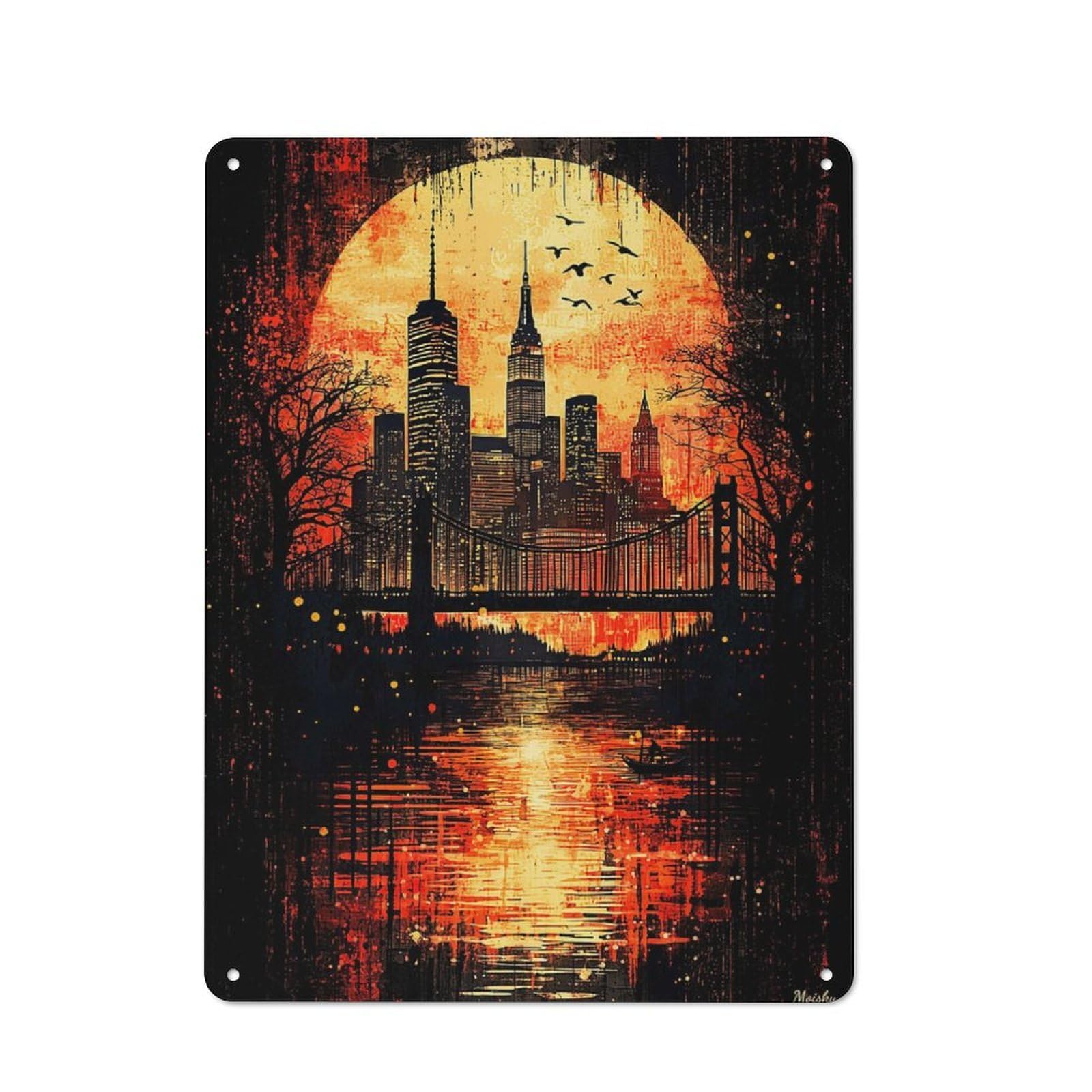 Junmoney Crimson Metropolis Gothic New York At Sunset Metal Wall Sign 40X30cm Featuring For Living Room Wall, For Decorating Living Rooms And Feature Walls