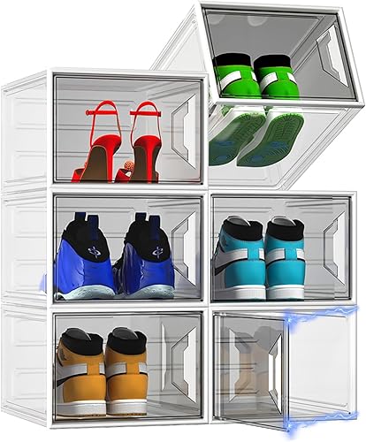 Cajas de zapatos apilables extragrandes  Cajas de almacenamiento de zapatos de plástico transparente con puerta magnética, organizador de zapatos