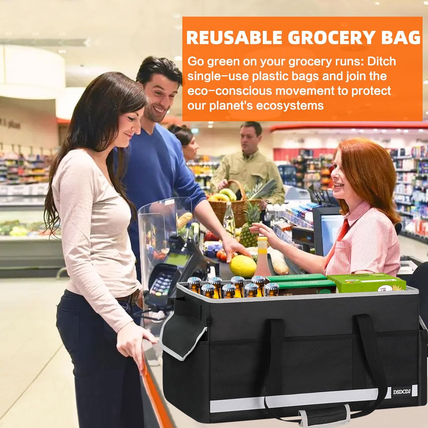 Upgrade Extra Large Utility Tote Bag with Reflective Strip, Standing Reusable Grocery Bags with Hard Bottom & 4 Sided Reinforced, Collapsible Utility Tote with Handles for Shopping, Beach, Car | Standing - Image 7