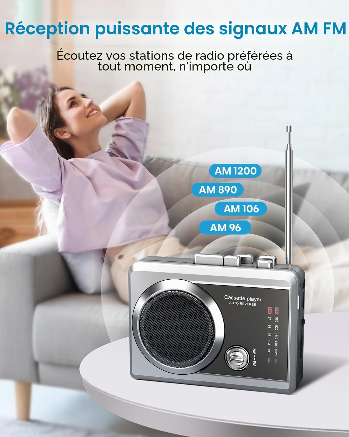 Lecteur enregistreur cassette portable et radio AM/FM, lecteur cassette compact avec prise casque 3,5 mm, haut-parleur intégré, alimentation par batterie/USB