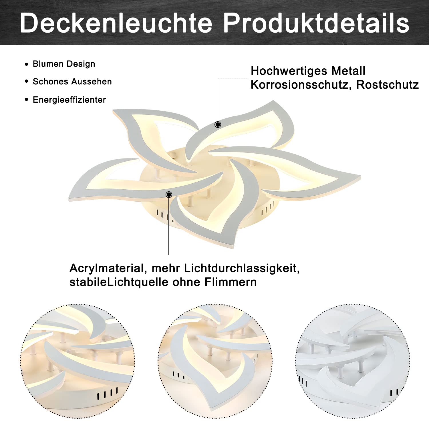 Sky angle Plafoniera LED Dimmerabile, Lampada da Soggiorno Con Telecomando, Moderna Lampadario, Lampada da Soffitto Per Camera da Letto Illuminazione da Soffitto, Plafoniera a Fiore 5 Teste/Ø63cm/45W