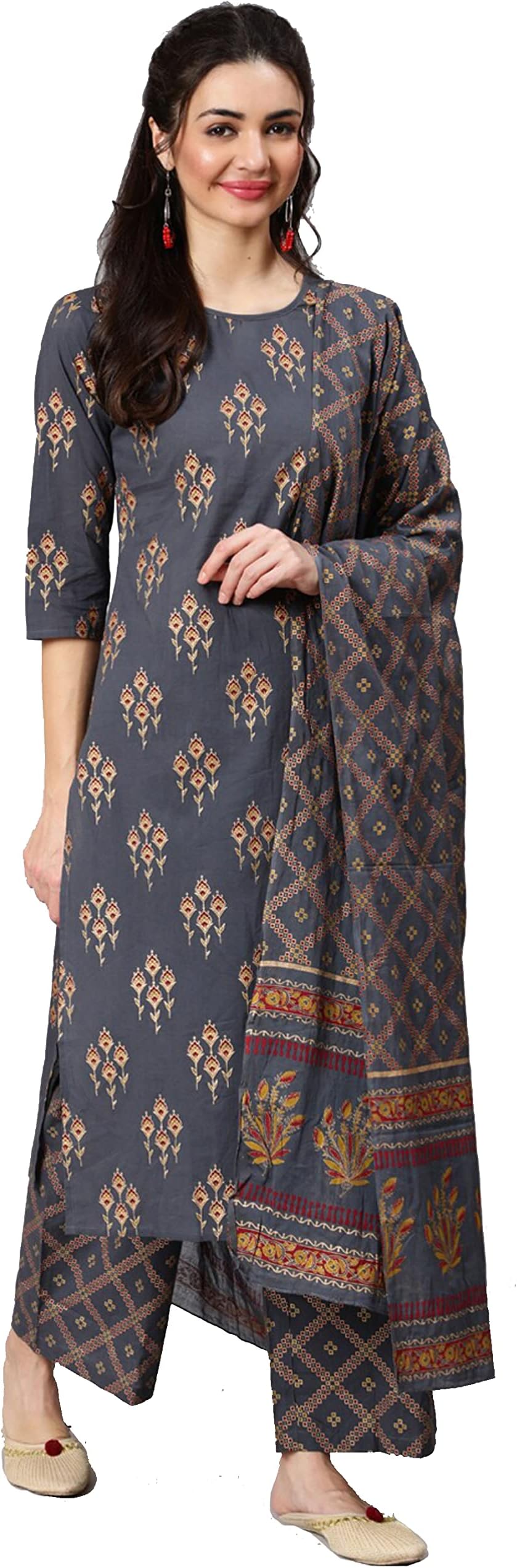 AraynaWomen's Cotton Printed Straight Kurta with Palazzo Pants & Dupatta Set