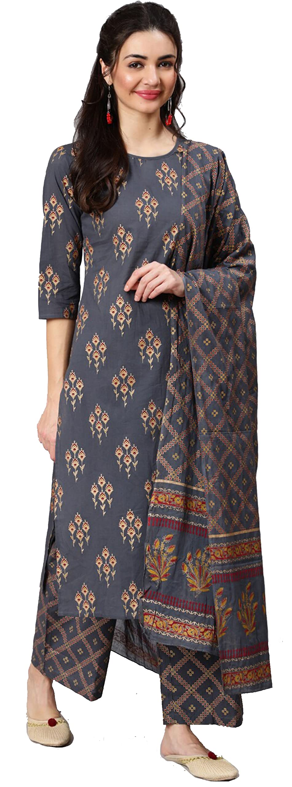 AraynaWomen's Cotton Printed Straight Kurta with Palazzo Pants & Dupatta Set