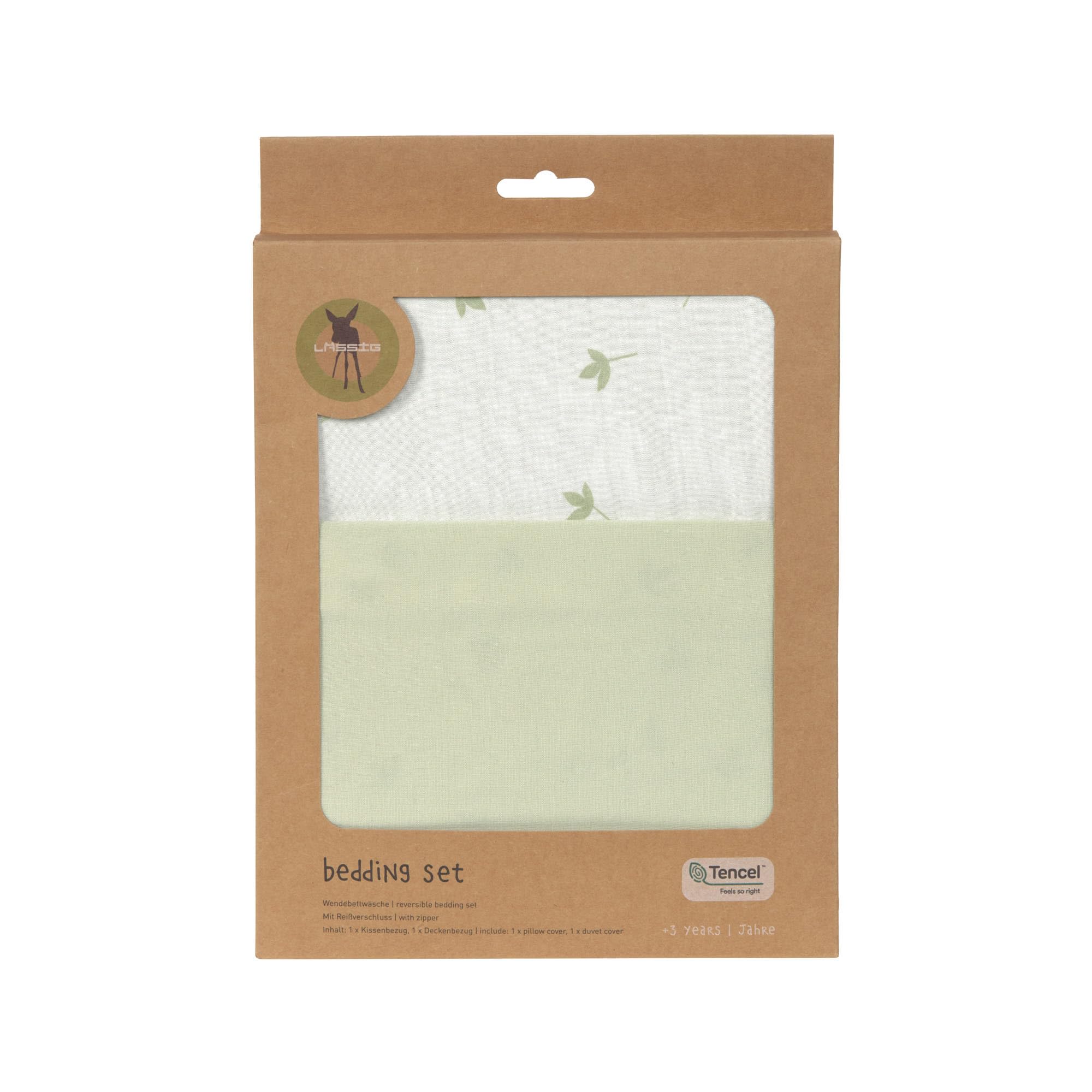 LÄSSIG Juego de Ropa de Cama Infantil de Punto Individual con Tencel™ Lyocell de 2 Piezas/Bedding Set Leave Milky/Olive