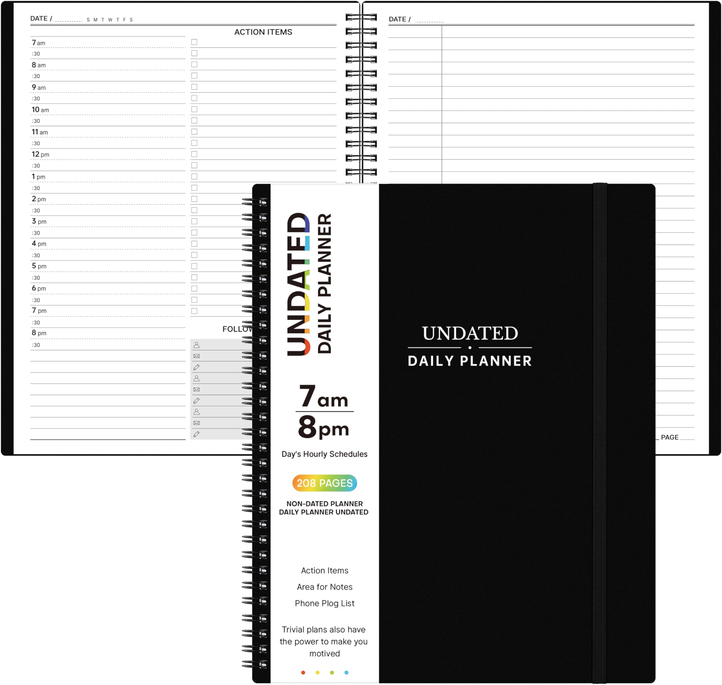 Daily Planner Undated - Spiral Appointment Planners, 208 Pages, 8.8" x 11", Daily Planner with Hourly Schedules, Appointment Book for Man/Women, Inner Pocket, Elastic Closure