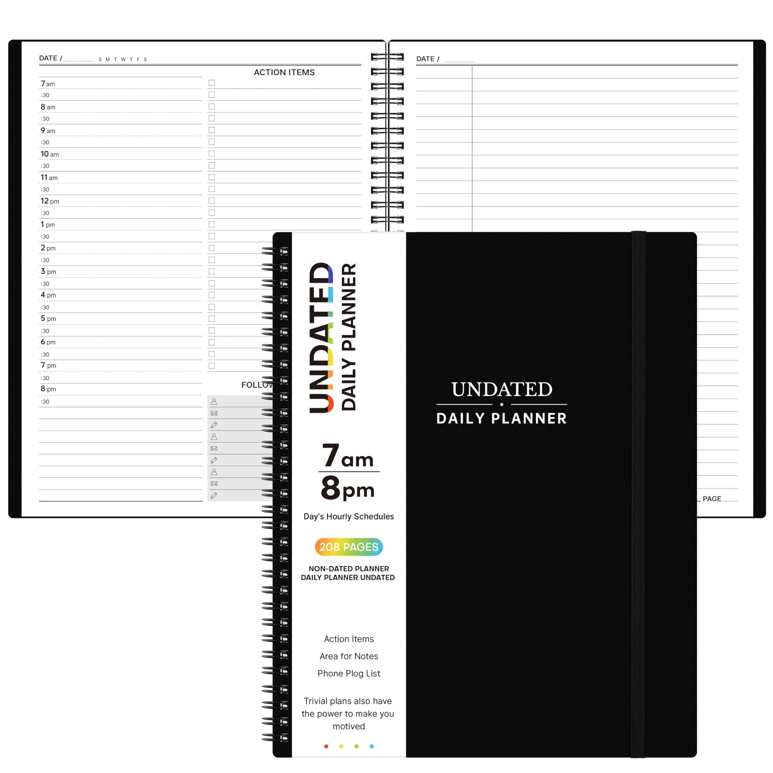 Daily Planner Undated - Spiral Appointment Planner, 208 Pages, 8.8" x 11", Daily Planner with Hourly Schedules, Appointment Book for Man/Women, Inner Pocket, Elastic Closure