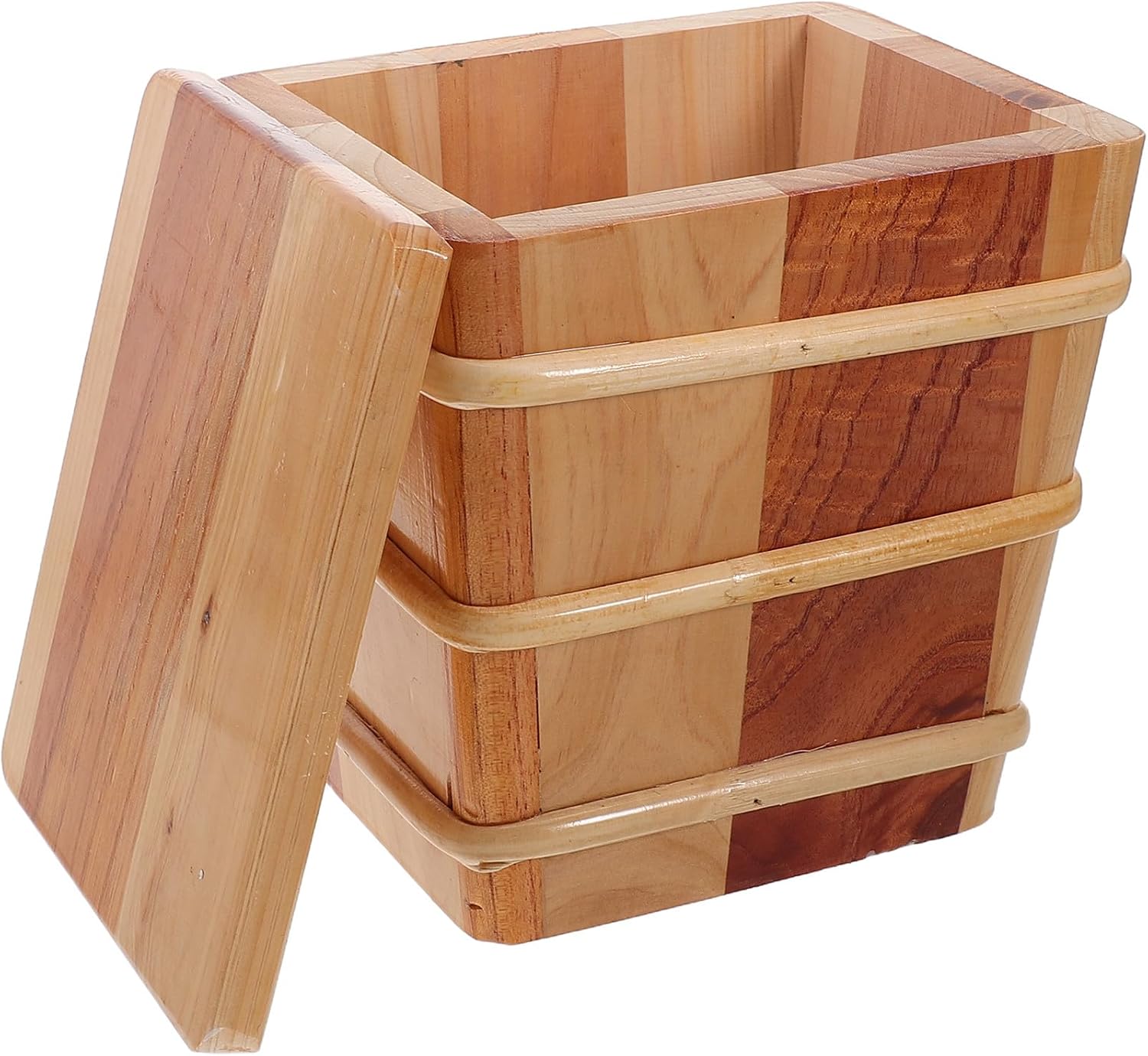 Uonlytech Wooden Sushi Rice Bucket Hangiri Oke Tub with Lid Japanese Sushi Rice Serving Barrel Small Square Food Storage Container for Home Kitchen