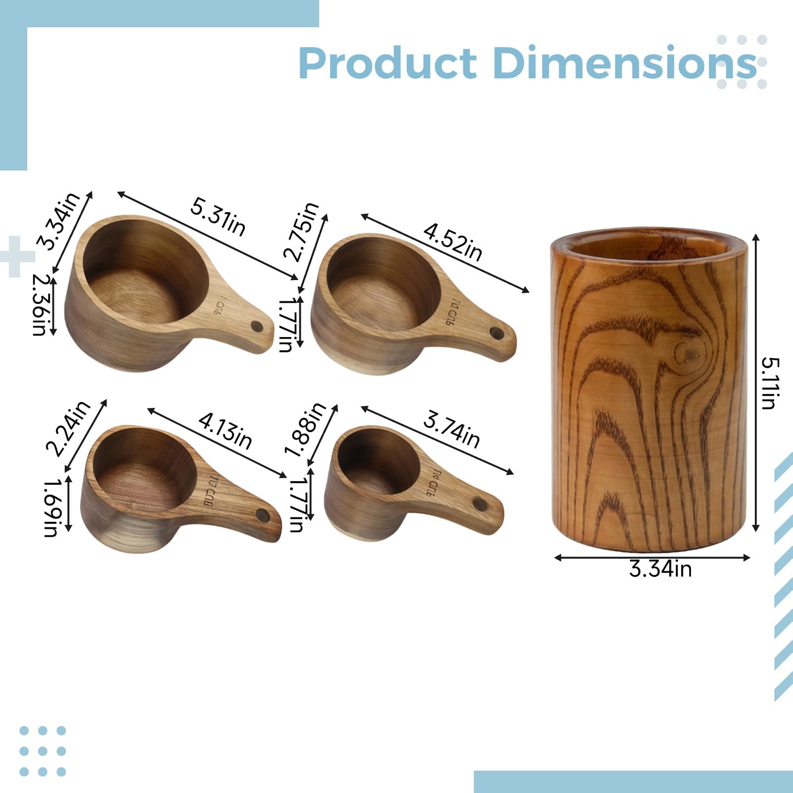 4 Stk. Messbecher aus natürlichem Holz, Set mit Griffen für die Küche, ergonomische Formgebung, präzise Dosierung von Flüssigkeiten, Feststoffen und Pulvern, inklusive praktischem Aufbewahrungseimer