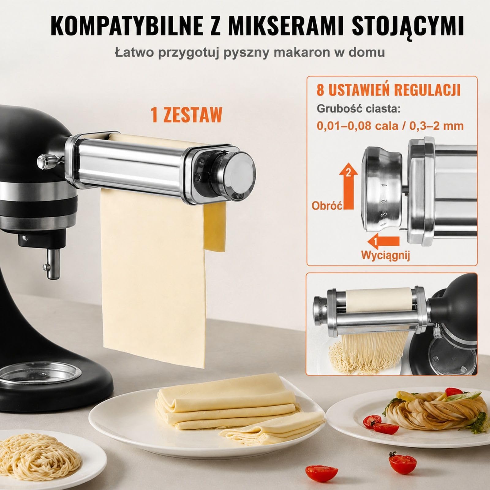 Ręczna maszynka do makaronu ze stali nierdzewnej, wałkownica z 8-stopniową regulacją grubości do spaghetti, lasagne i tagliatelle, intuicyjna obsługa i łatwe czyszczenie