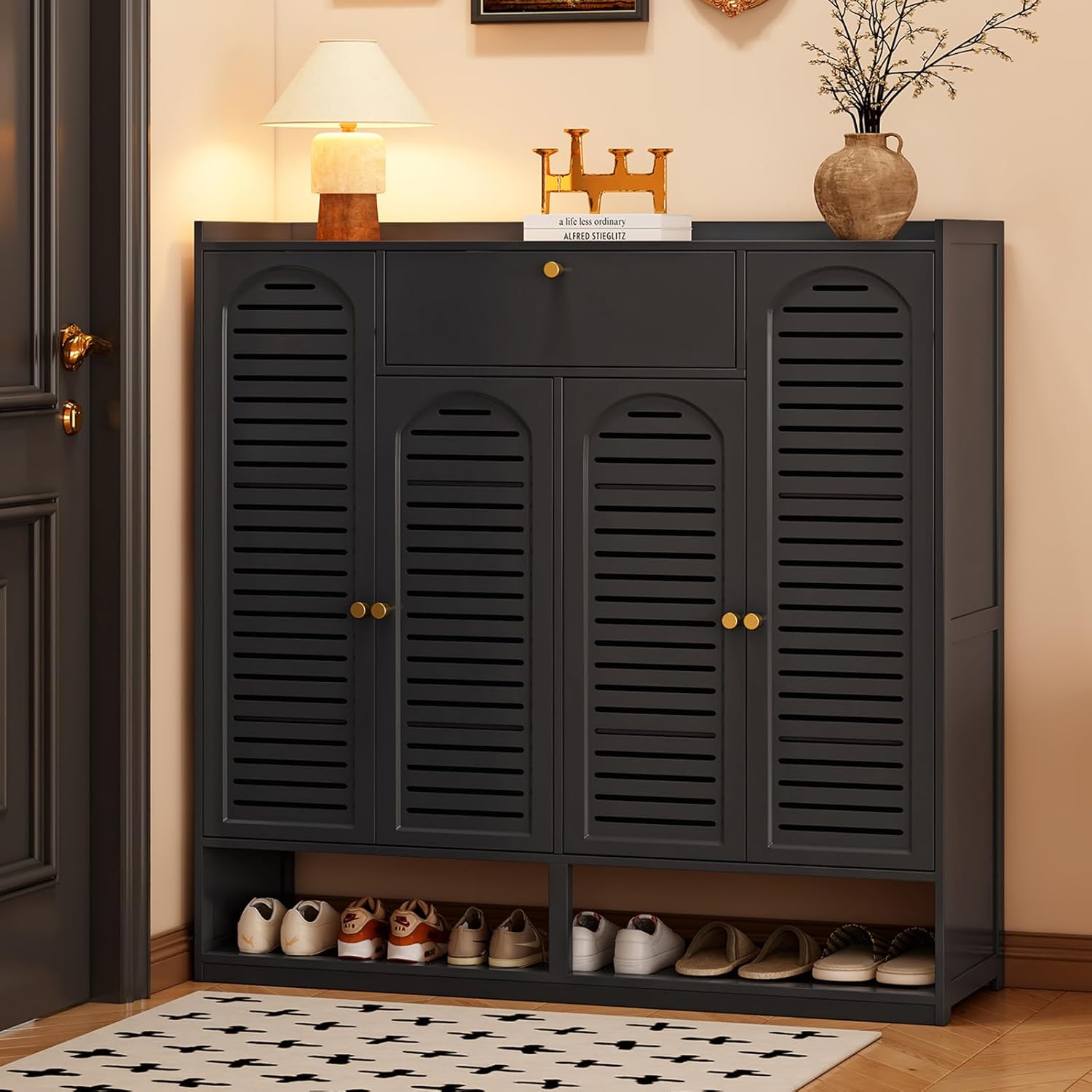 Shoe Cabinet with Louvered Doors, Freestanding Entryway Shoe Storage Cabinet with Drawer & Open Compartment, Modern Bamboo Shoe Rack Organizer with Thickened Adjustable Shelves for Hallway Living Room