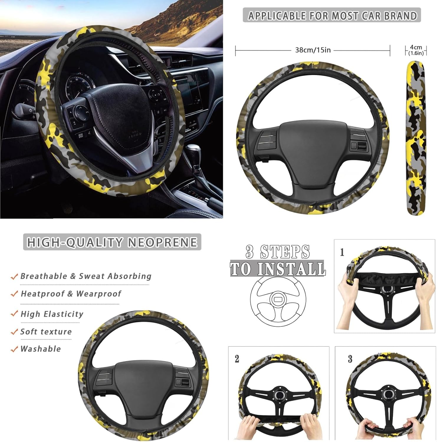 CLOHOMIN Yellow Camo Car Seat Covers Full Set of 14 Camouflage Garbage Can Safe Belt Pads Handbrake Cover Set Coasters Rear View Mirror Cover Steering Wheel Cover Car Center Console Cover
