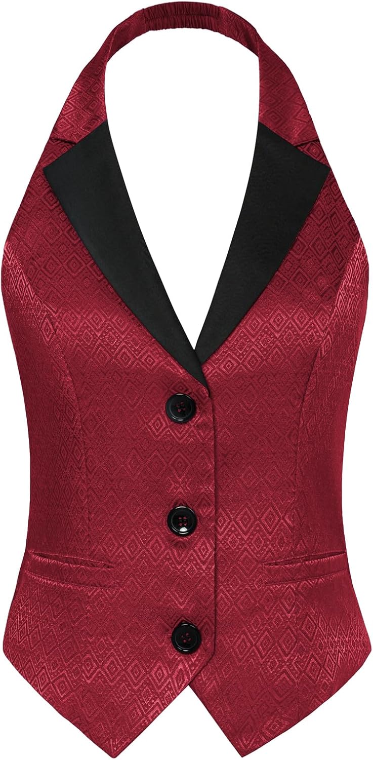 Belle Poque Women's Fully Lined Waistcoat Vest Halter V Neck Suit Vest X-Large Red Jacquard
