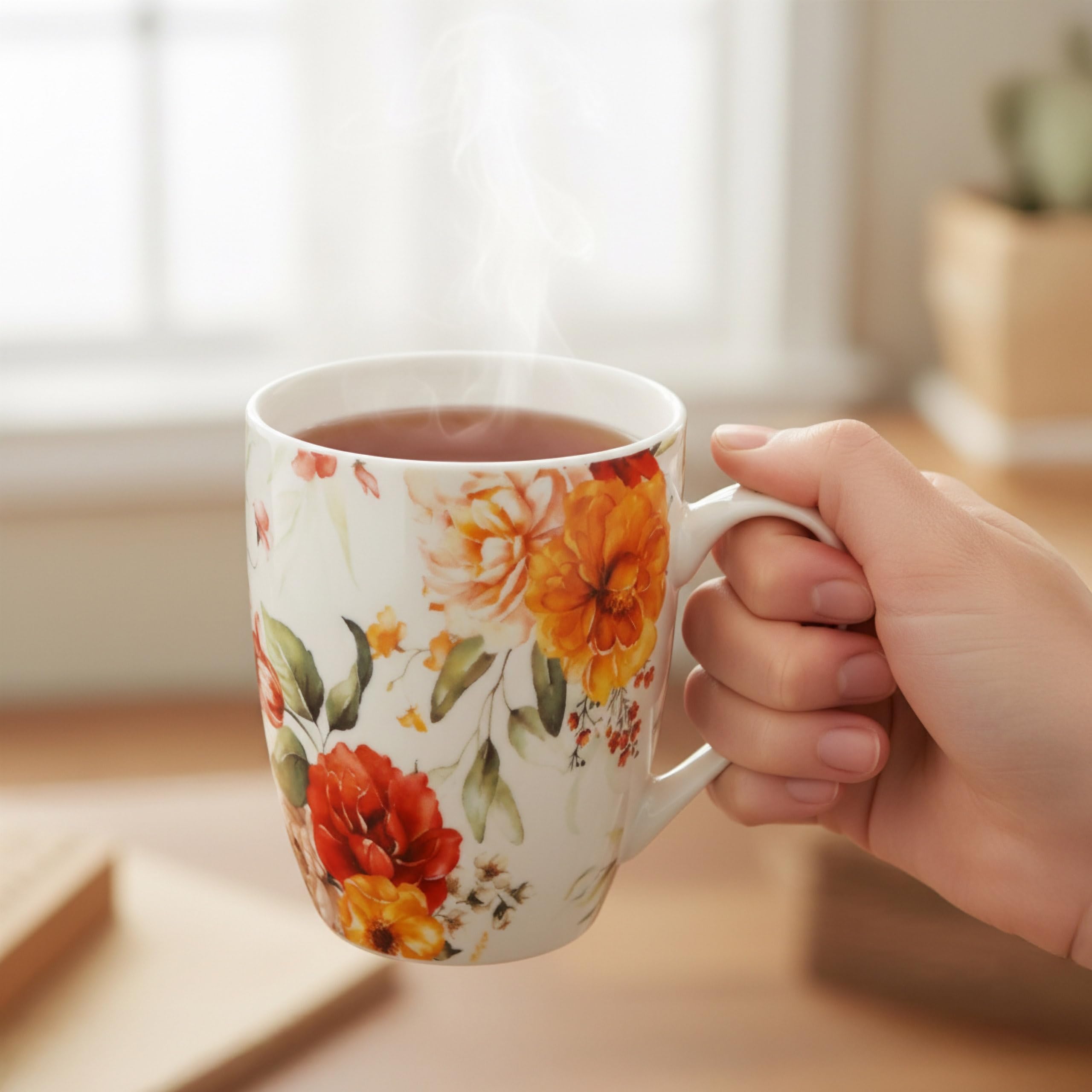 Zestaw do herbaty: Porcelanowy kubek z zaparzaczem i pokrywką do ziół - zapakowany w pudełku na prezent 340 ml (I)