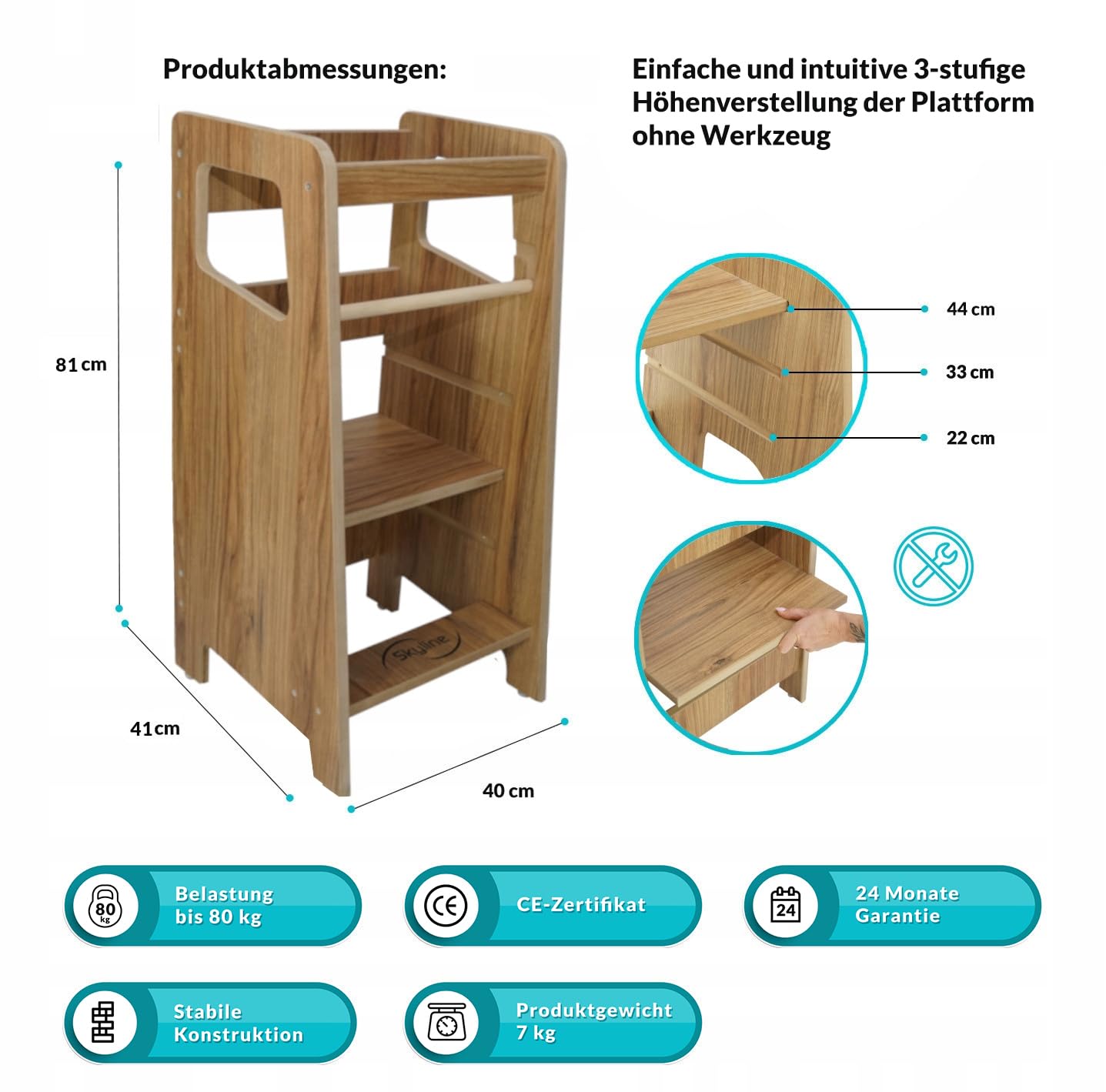Skyline Steh und Lernturm Baby ab 1 Jahr Montessori Learning Tower Höhenverstellbar Tritthocker Kinder Indoor Möbel Kinderzimmer Trittschemel Kitchen Helper Hochstuhl Faltbarer Braun Holzimitat
