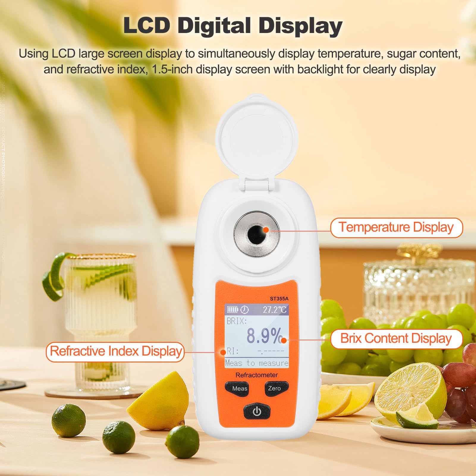 Refractómetro digital Brix, medidor de azúcar portátil con pantalla LCD y compensación de temperatura para bebidas y jugos, rango Brix 0-35%