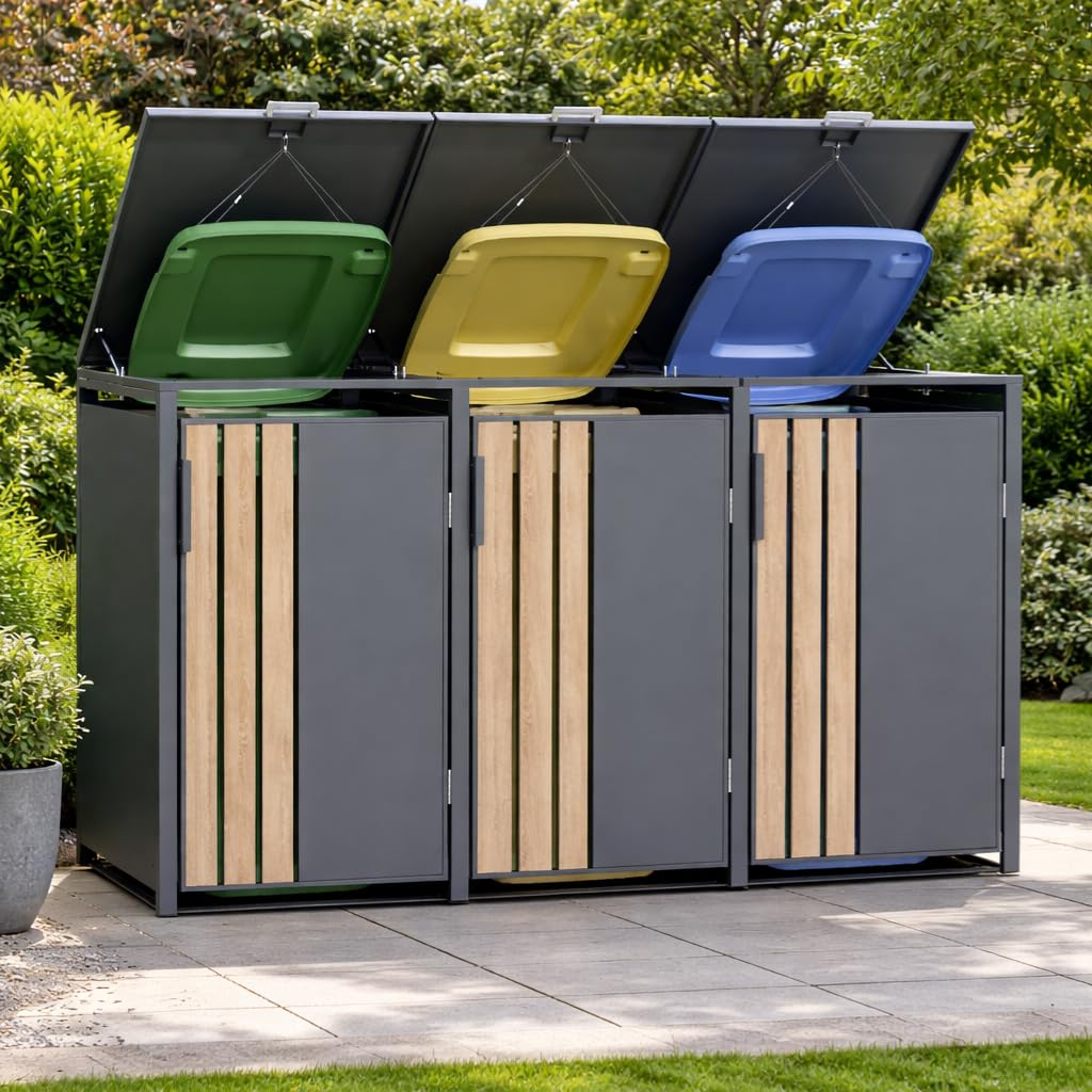 Abri Poubelles 3 Bacs à Toit Plat, Acier Galvanisé Gris et Effet Bois