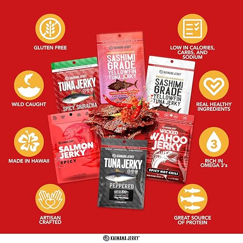 Miniatura 7 de Kaimana Jerky Paquete variado  Ahi Atún, Salmón y Wahoo Ono Fish Jerky  Simple y salado  Todo natural y capturado en la naturaleza  Hecho en Hawái