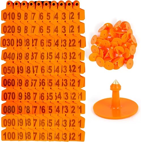 100 etiquetas de identificación de plástico con números 001-100 para animales de granja, etiquetas de identificación en amarillo, verde, azul,