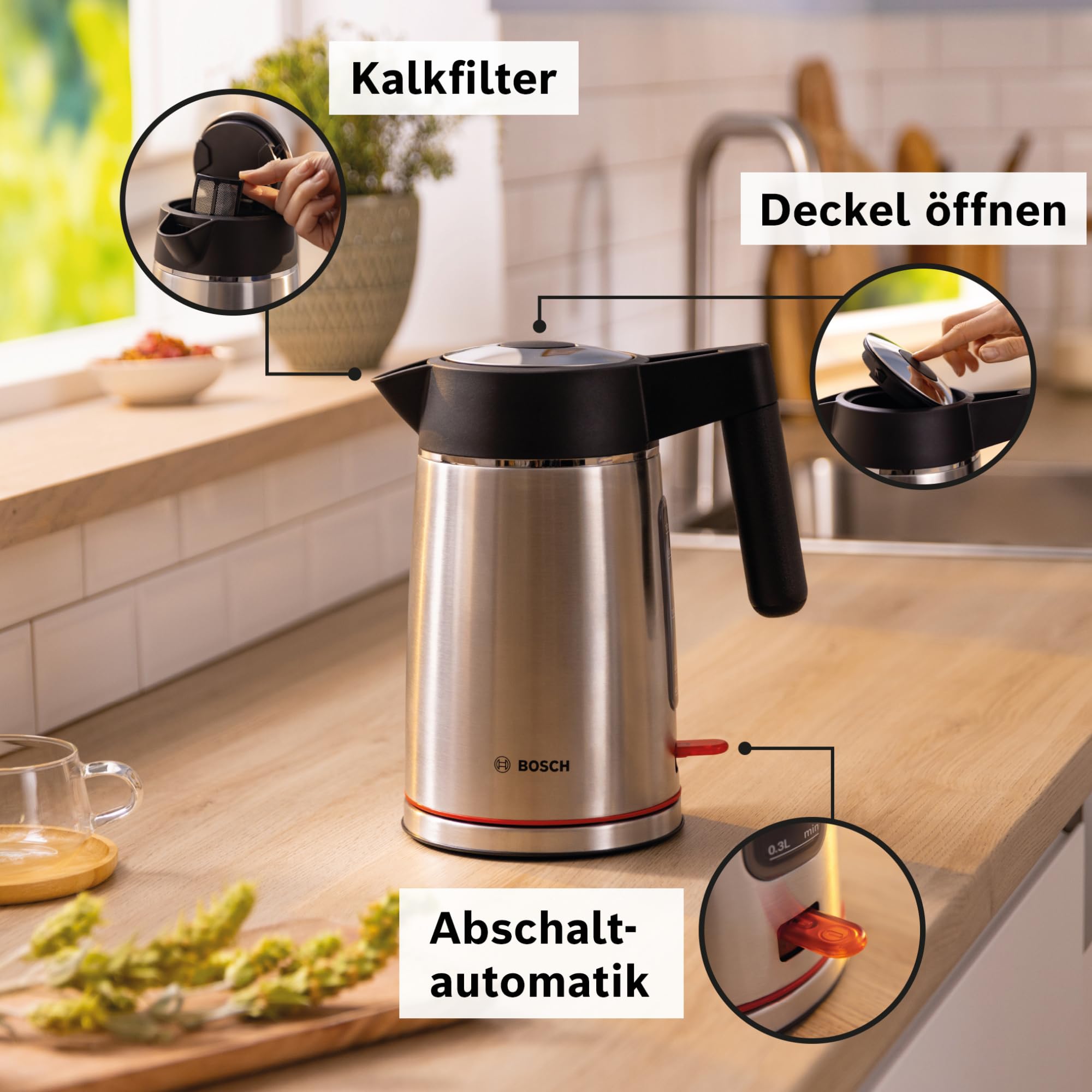 Bosch MyMoment TWK6M480 bezprzewodowy czajnik elektryczny, automatyczne wyłączanie, zabezpieczenie przed przegrzaniem, wskaźnik kubka, automatyczne zatrzymanie pary, ochrona przed pracą na sucho,