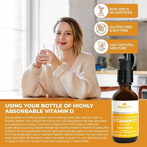 Miniatura 3 de PURALITY HEALTH Vitamina D3 con suplemento líquido K2, vegano, absorción mejorada liposomal micelle, sin OMG, suministro para 30 días