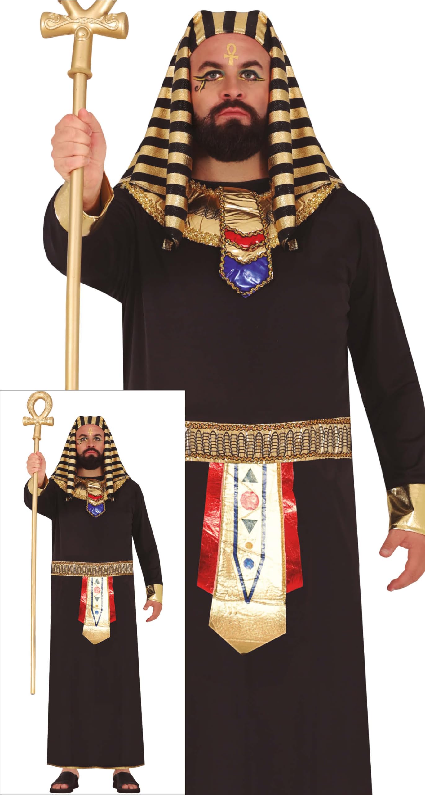 FIESTAS GUIRCA | Egyptian Adult Fancy Dress for Men (46-48/XXL) - Dress, Belt, Collar and Headpiece - Ideal for Themed Parties and Halloween - Pharaoh and Ancient Egypt Costumes - Black and Gold
