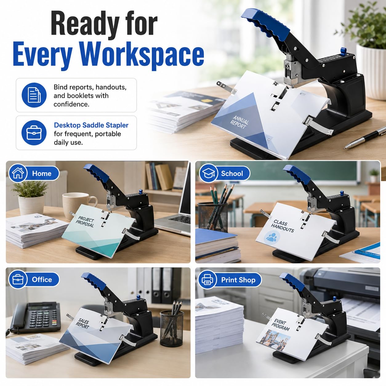 Grapadora de escritorio resistente con 3000 grapas 23/6, grapado plano y de montura, grosor máximo de encuadernación de 6,5 mm, para folletos, uso en casa, escuela y oficina