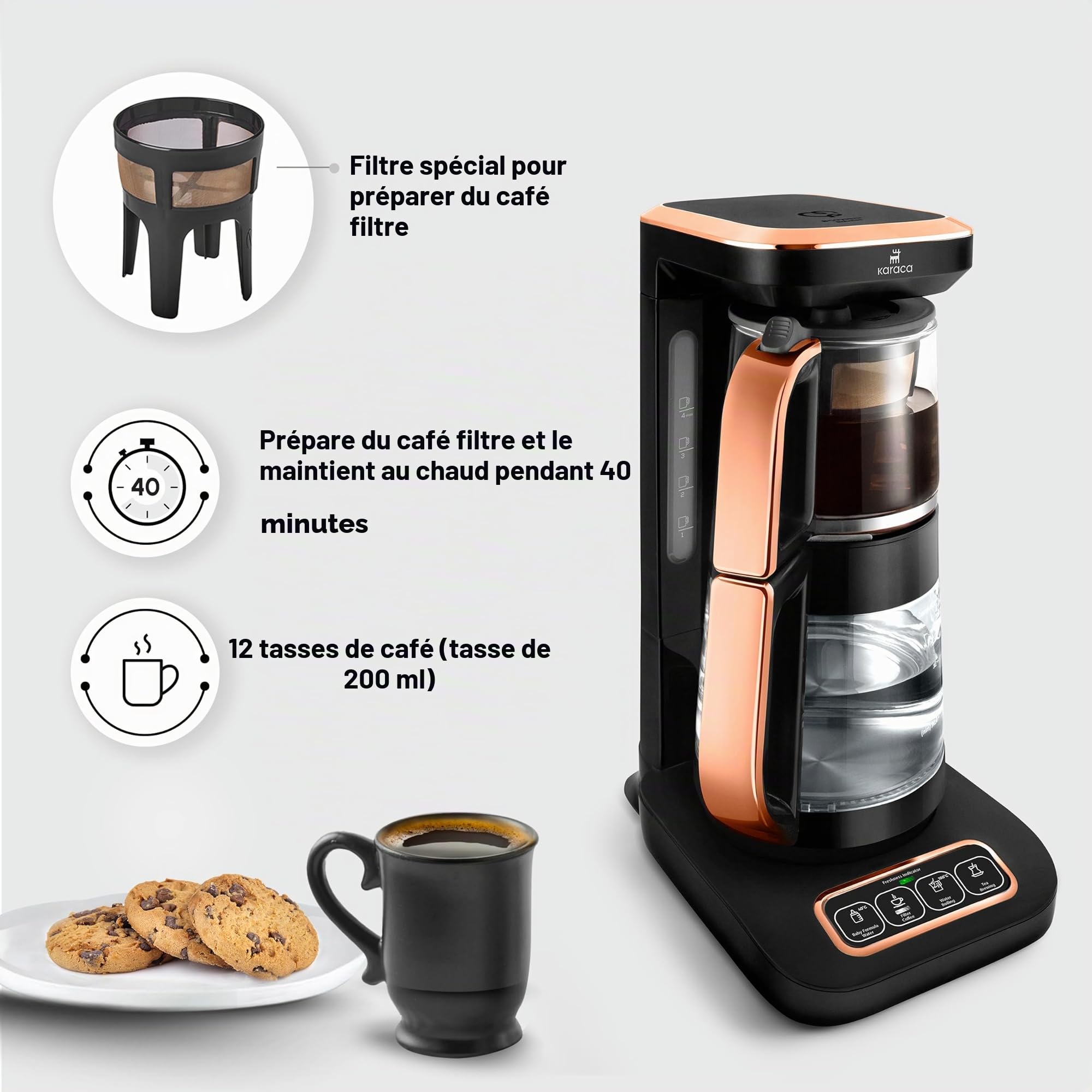 Karaca Bouilloire Robotea Pro 4 en 1 automatique et parlante Bouilloire et cafetière filtre 2500W, Black Copper