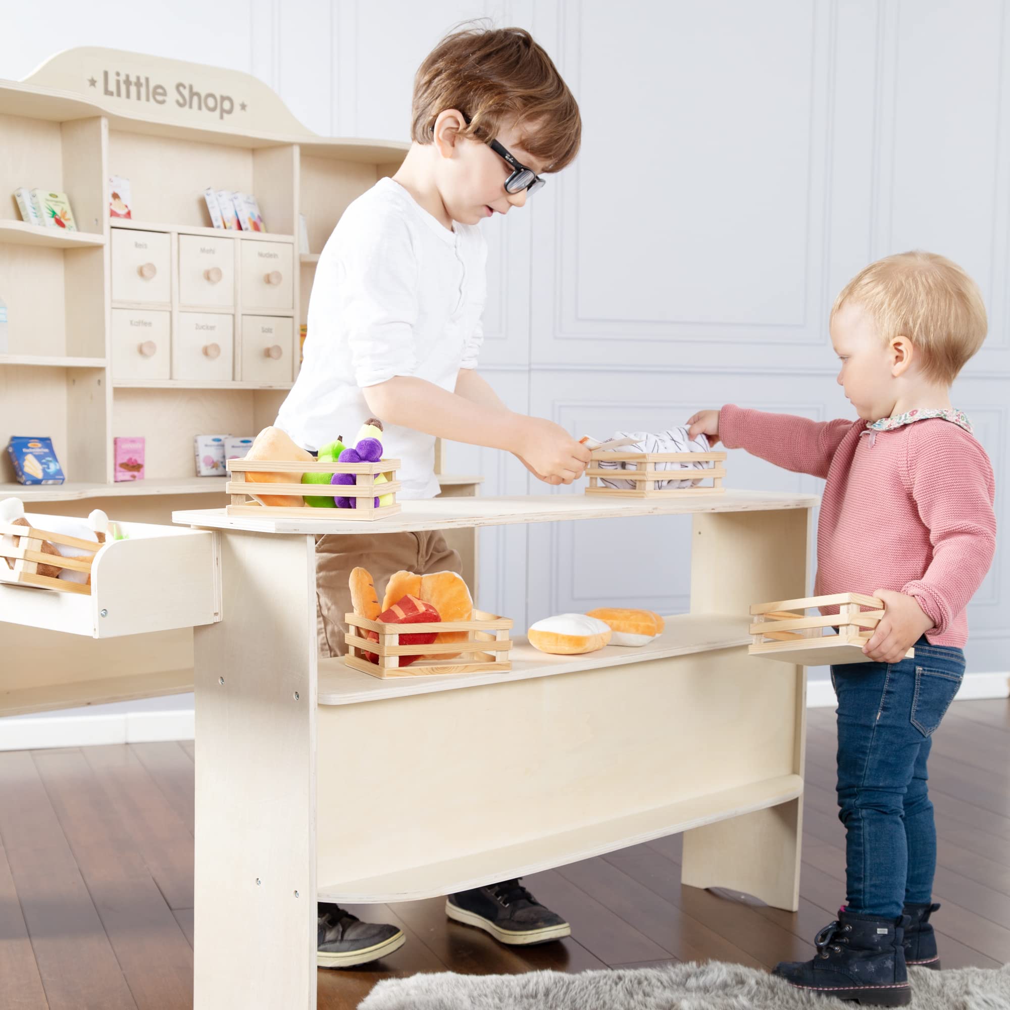 roba Kaufladen, großer Kinder Kaufmannsladen, inkl. Kaufladenzubehör, Holz natur, Verkaufsstand 6 Schubladen, Theke & Seitentheke