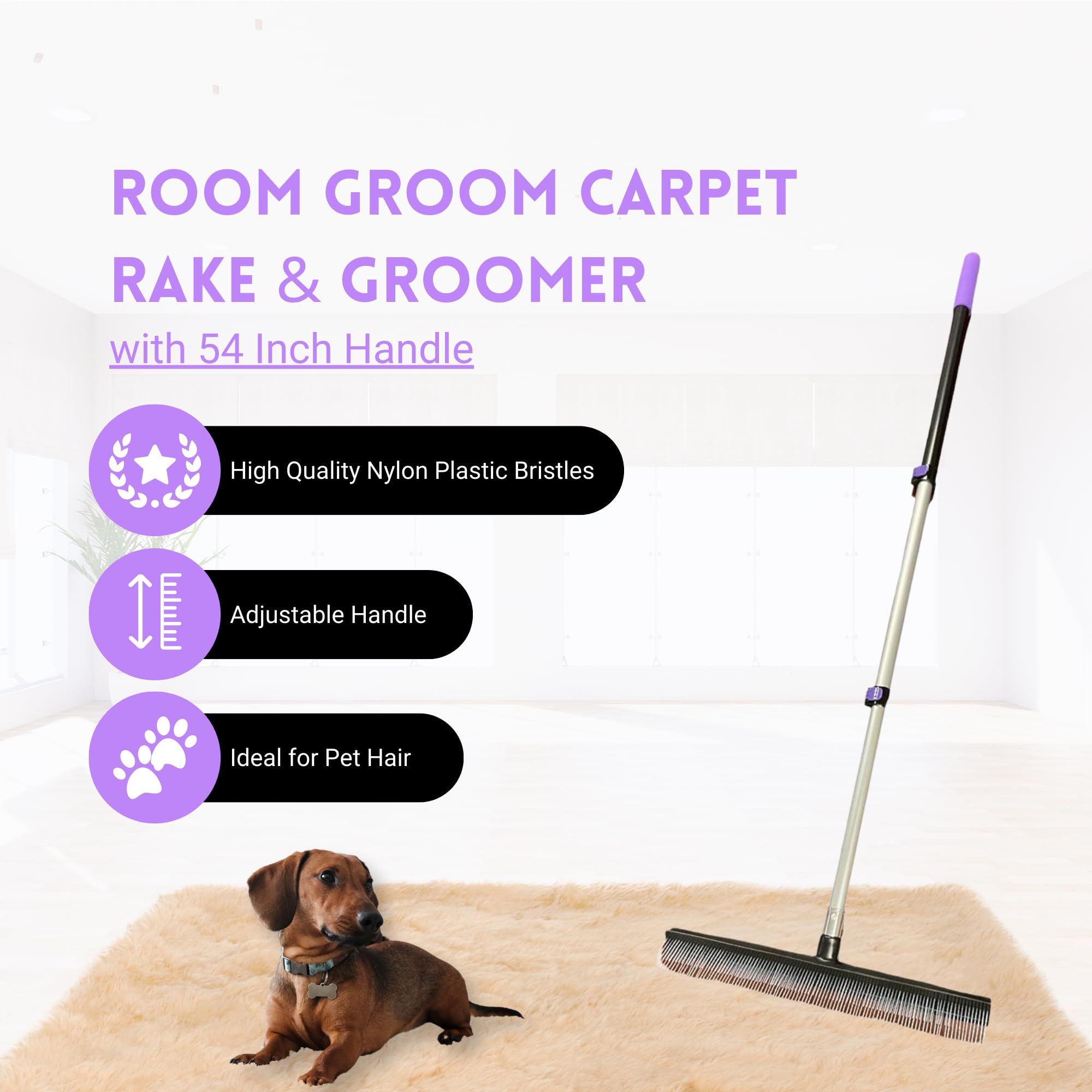 Room Groom - Rastrillo de Alfombra Pet con Mango telescópico Ajustable de 54 Pulgadas, con Herramienta de Cepillo removedor de Pelusas, Cepillo de Alfombra para Pelo de Mascotas y alfombras