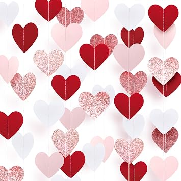 XIANMU 8 Strands Heart Garland Valentines Day Heart Paper Streamers Banner Rose-Gold Pink Burgundy-Red Party Decorations for Mothers Day Wedding Engagement Party Supplies