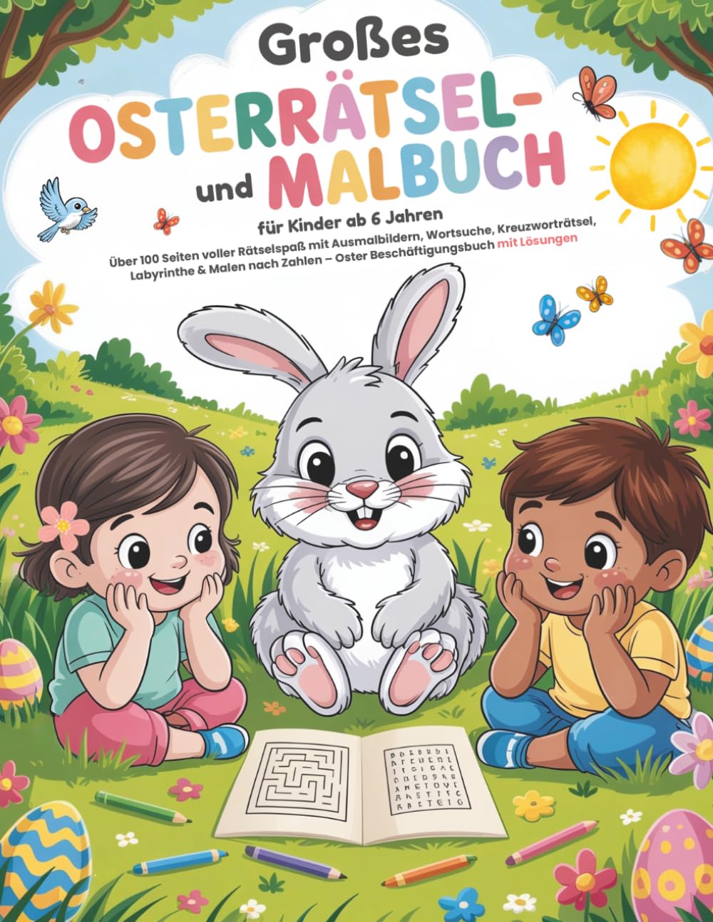 Großes Osterrätsel- und Malbuch für Kinder ab 6 Jahren: Über 100 Seiten voller Rätselspaß mit Ausmalbildern, Wortsuche, Kreuzworträtseln, Labyrinthen ... – Oster Beschäftigungsbuch mit Lösungen