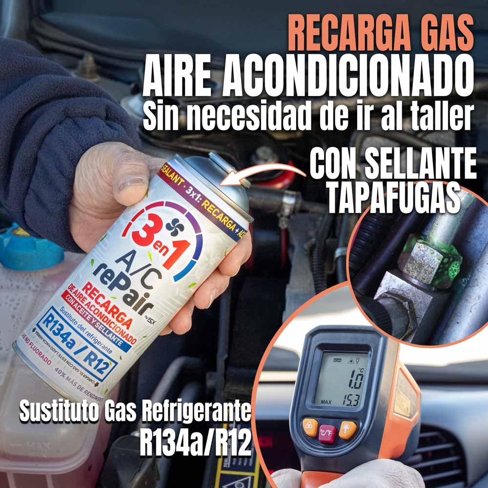 AC REPAIR 3 in 1 Ricarica Aria Condizionata Auto con Olio e Sigillante Tappa Perdite Manometro LP, Carica Clima 220g Sostituto Gas Refrigerante R134a e R12 Facile da Usare, Ricambio Auto 1992-2017