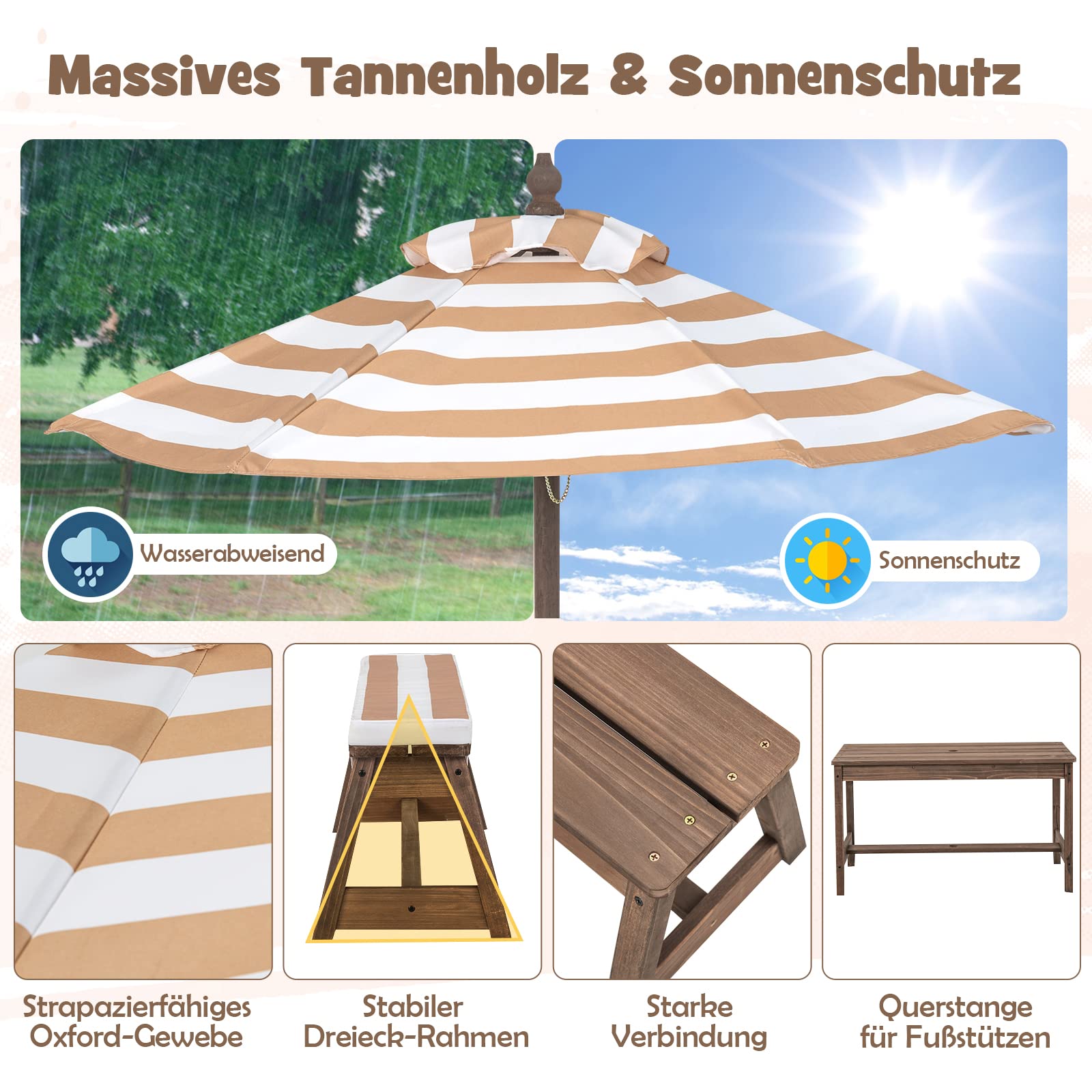 DREAMADE Kindersitzgruppe mit Sonnenschirm, Kinderpicknictisch mit 2 Bänke, Gartenmöbel für Kinder aus Tannenholz, Kinder Sitzbank für Outdoor & Indoor (Braun)