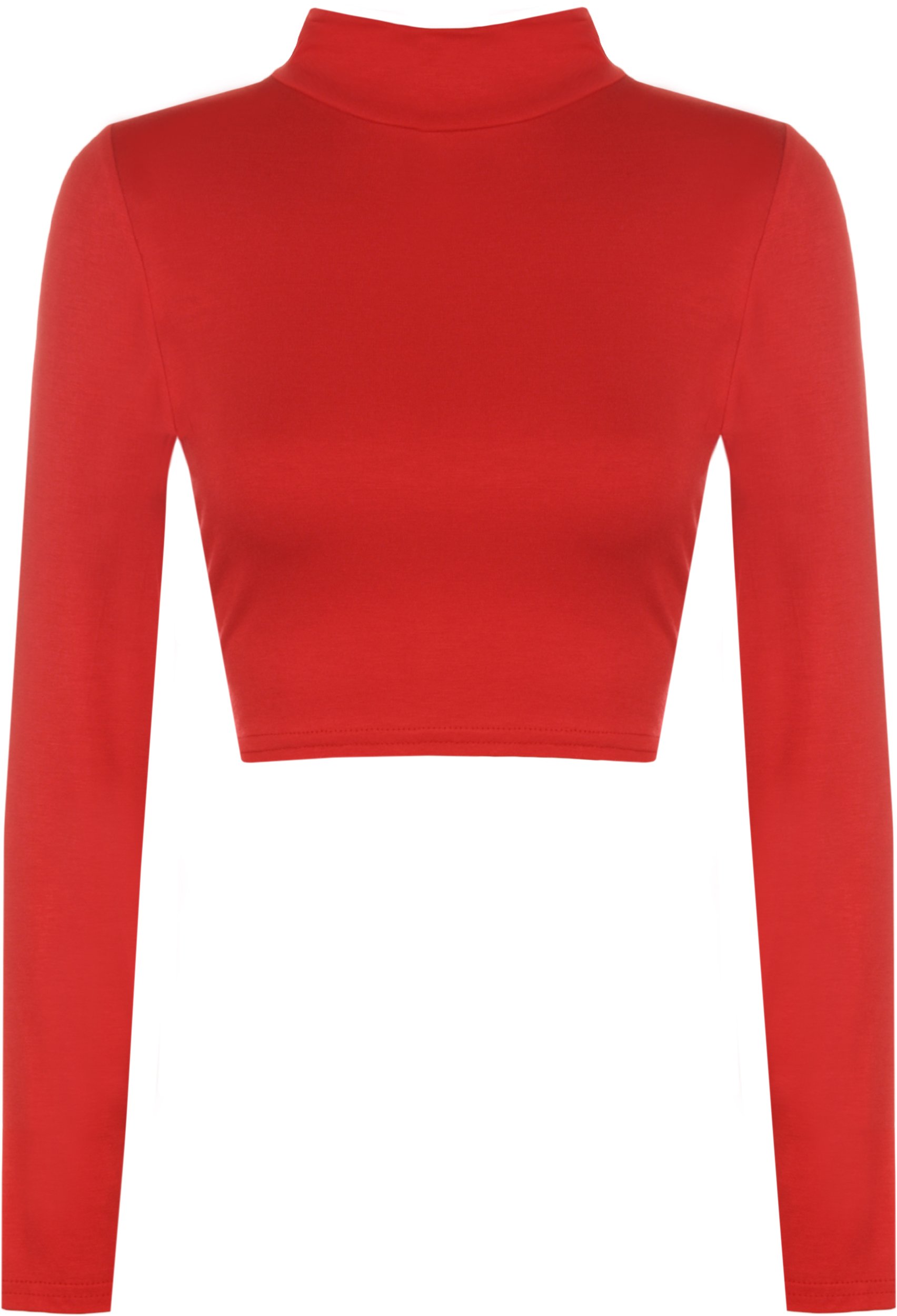WearAll New Womens Turtle Neck Crop Ladies Long Sleeve Plain Polo Short Stretch Top - Red - 8/10