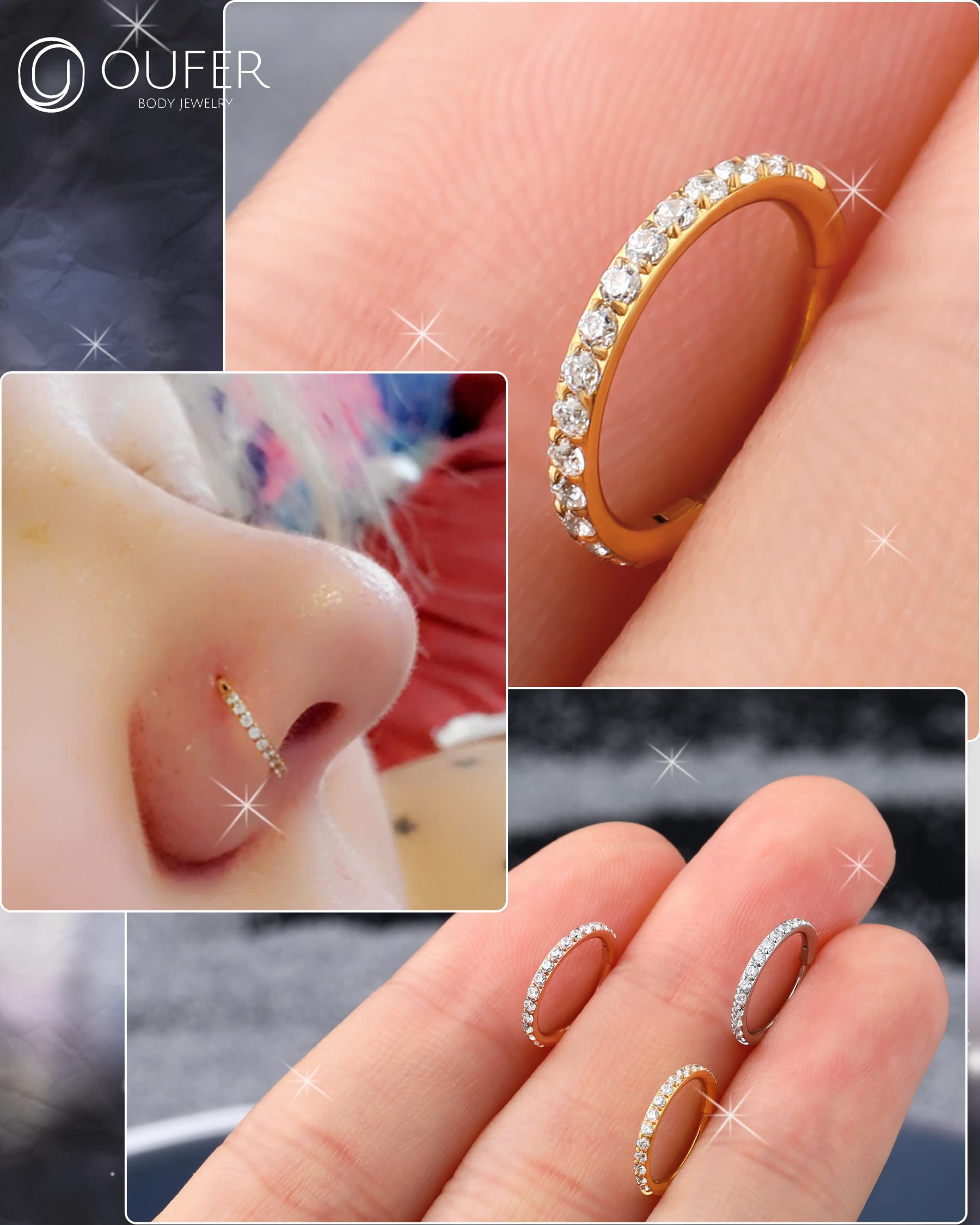 OUFER 18G 20G Nose Ring Hoops Hinged Seamless Segment Helix Piercings Nostril Clicker 316L Stainless Steel CZ Line Daith Tragus Cartilage Earring Jewellery — view 3