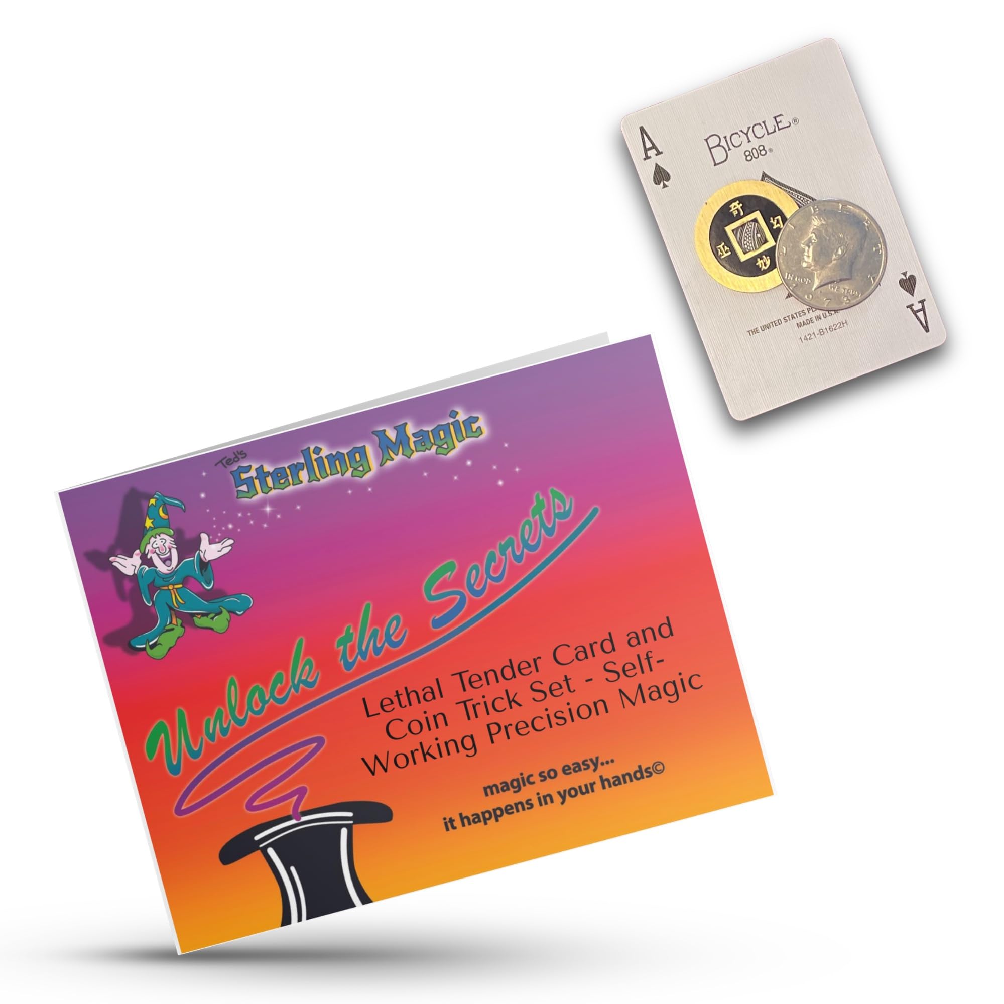 Ted's Sterling Magic Lethal Tender Bicycle Card and Coin Trick Set, Astounding, Self-Working, Precision Made Magic with a US Kennedy Half Dollar Coin