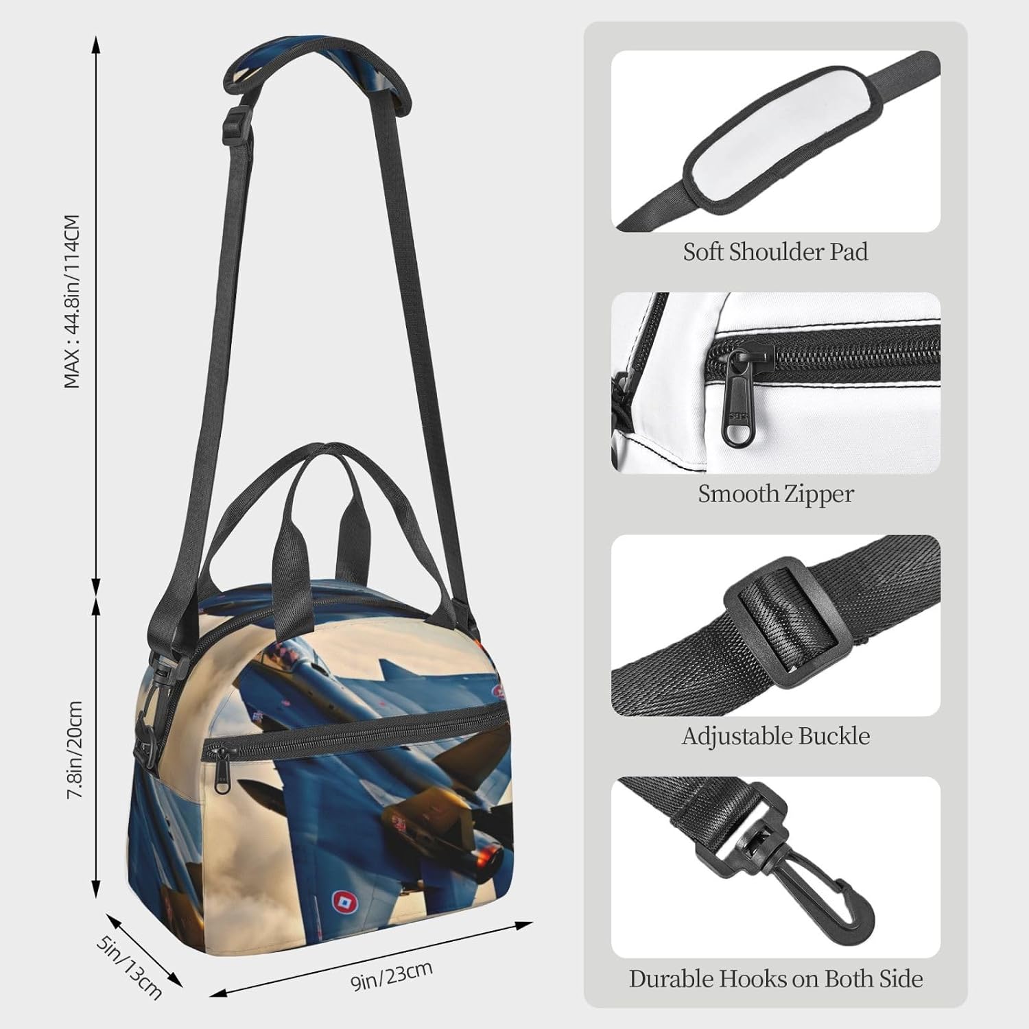 Aircraft Fighter Jets Print Reusable Lunch Bag Insulated Lunch Boxes for Office Work Picnic Tote Bag Adjustable