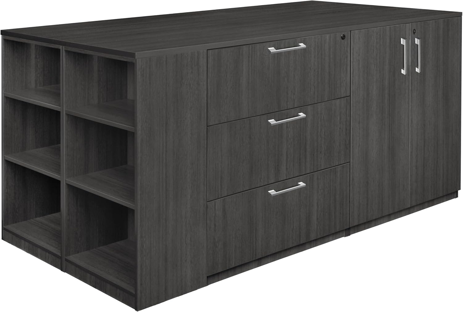 Regency Legacy Stand Up 2 Desk/Storage Cabinet/Lateral File Quad with Bookcase End- Ash Grey