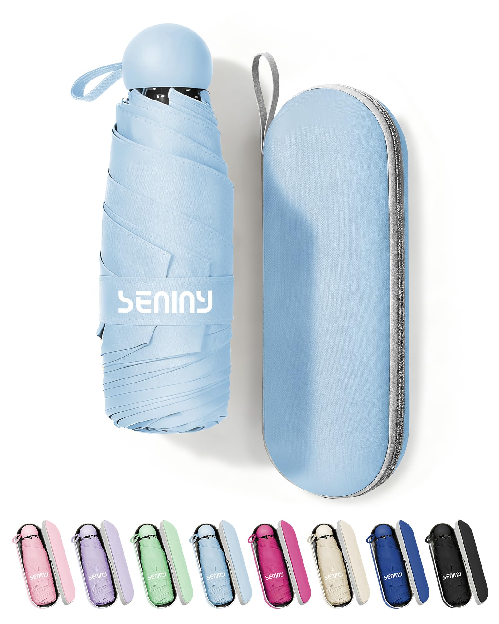 Seniny Mini Travel Umbrella with Case, Compact Pocket Size UV Sun & Rain | Tiny purse size fits pocket, UV protection waterproof fabric, lightweight folding, great for women kids daily travel Sky Blue