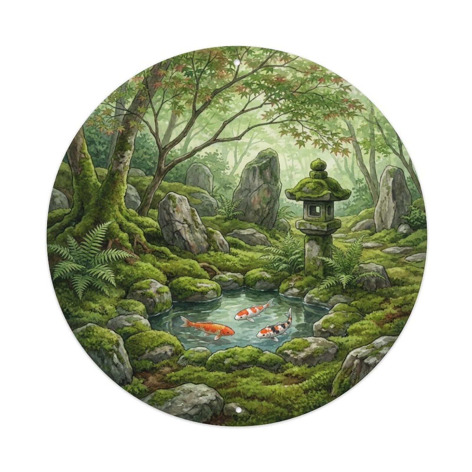 Galvaxio Style Japanese Moss Garden Koi Fish Ancient Stones Metal Tin Sign