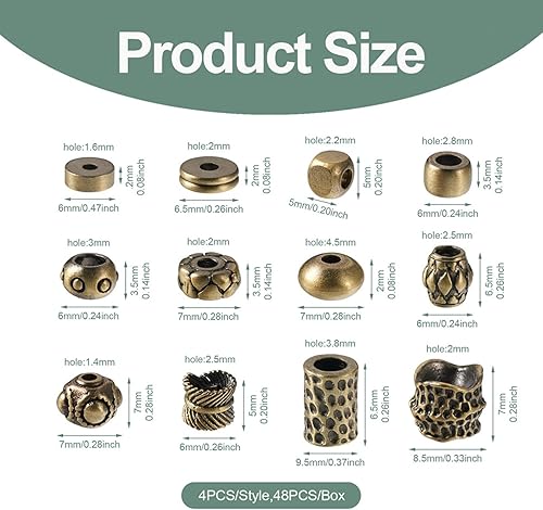 Miniatura 6 de Pandahall 48 cuentas espaciadoras de bronce antiguo, 12 estilos de estilo tibetano, cuentas espaciadoras de metal de latón, cubo redondo, cuentas