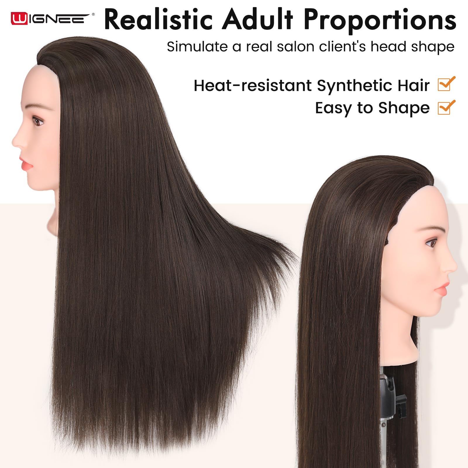 WIGNEE Cosmetology Mannequin Kopf mit realistischem Gesicht – Hitzebeständiges synthetisches Haar für die Stylingpraxis, Make-up-freundlicher Trainingskopf mit geringem Shedding, 28 Zoll (4)
