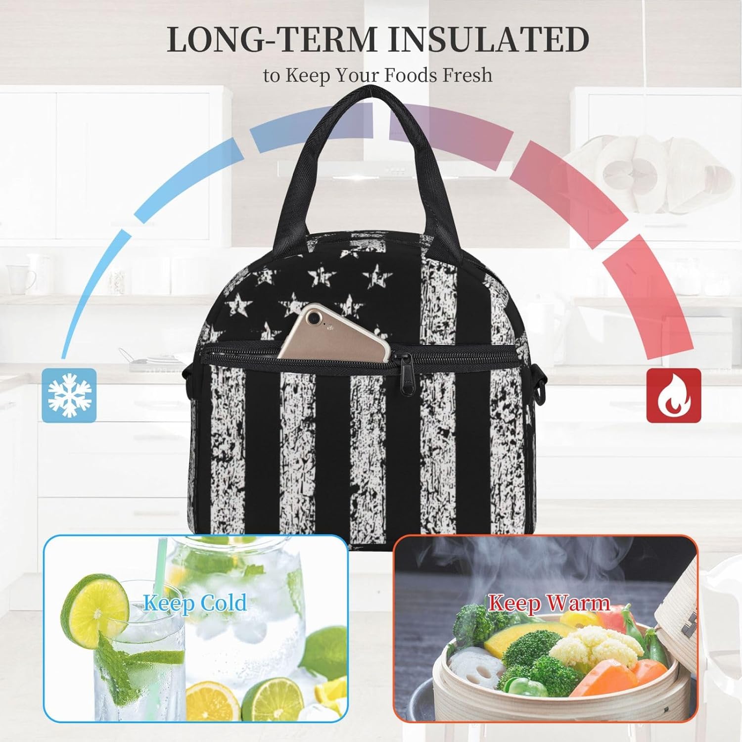 American Bald eagle Camouflage Print Reusable Lunch Bag Insulated Lunch Boxes for Office Work Picnic Tote Bag Adjustable