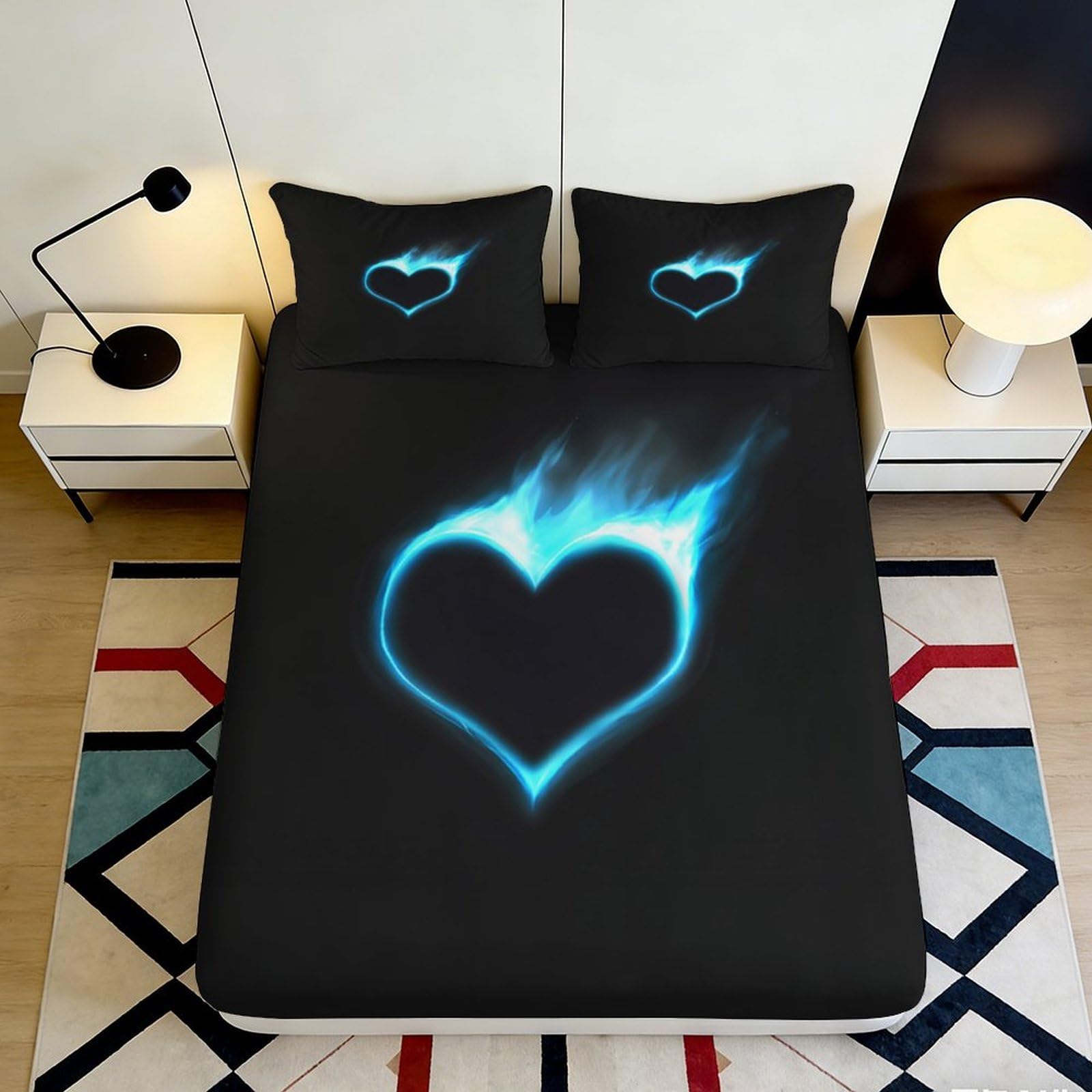 3D Printed Blue Flame Heart Fitted Sheet Microfiber Soft Black Mattress Cover Anti-Slip Machine Washable for Bedroom Dorm 90x200x25cm